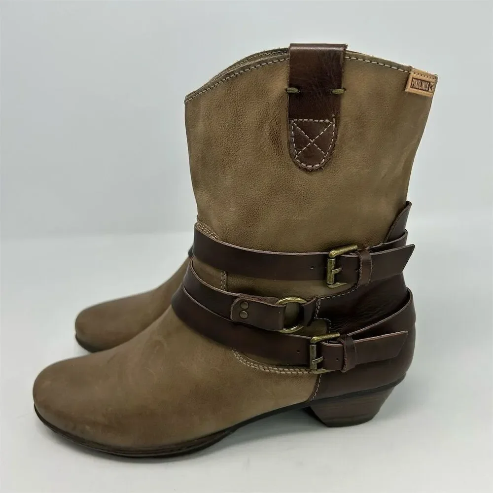 Pikolinos Women's Brown Leather Western Buckle Strap Heeled Ankle Boots Size 38